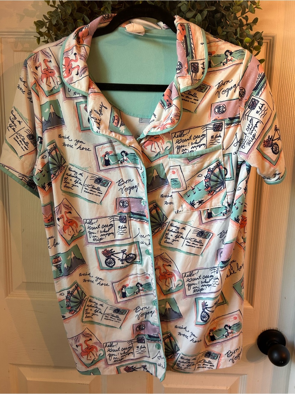 munki munki Mint and Pink Travel-Postcard Short Sleeve Pajama Shirt